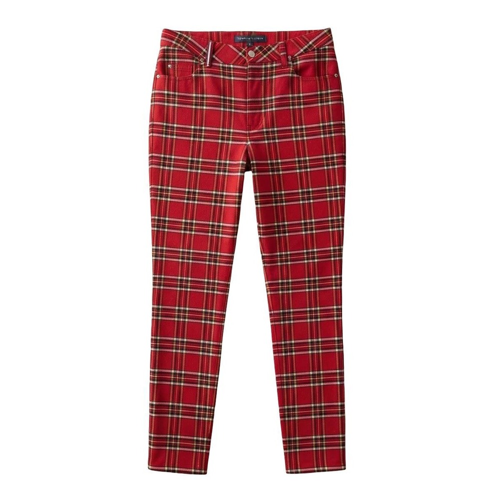 Tommy Hilfiger Womens Red Tartan Plaid Ankle Pants Size 12 Slim Fit Holiday